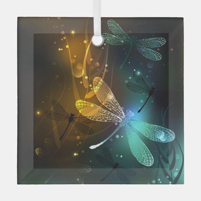 Green luminous dragonfly flight glass tree decoration (Front)