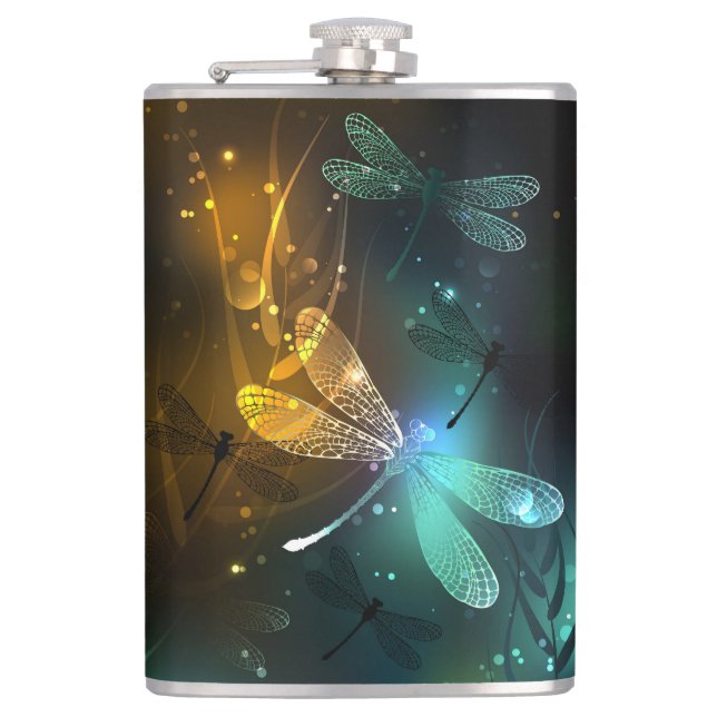 Green luminous dragonfly flight hip flask (Front)