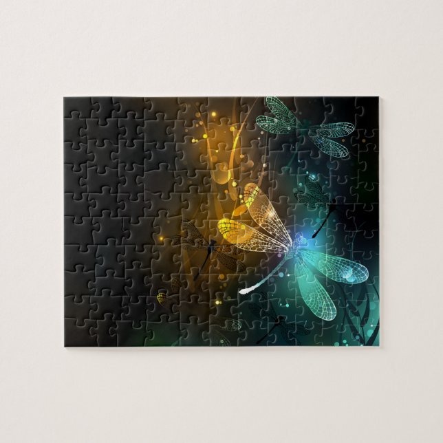Green luminous dragonfly flight jigsaw puzzle (Horizontal)