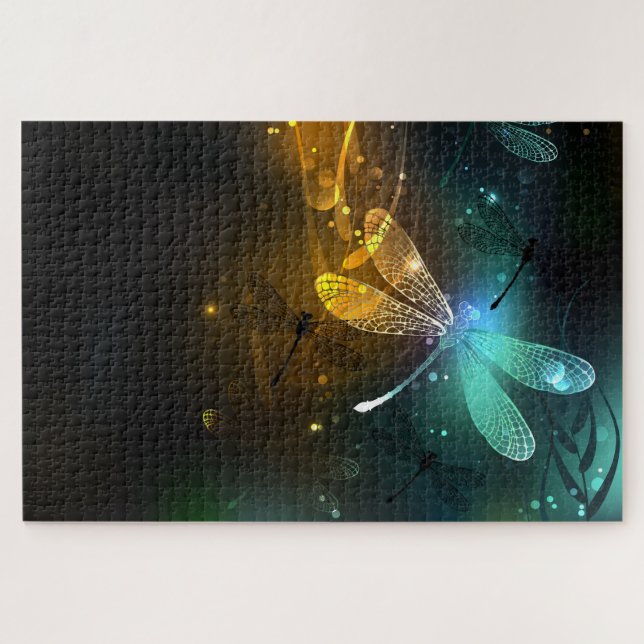 Green luminous dragonfly flight jigsaw puzzle (Horizontal)