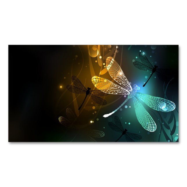 Green luminous dragonfly flight magnetic business card (Front)