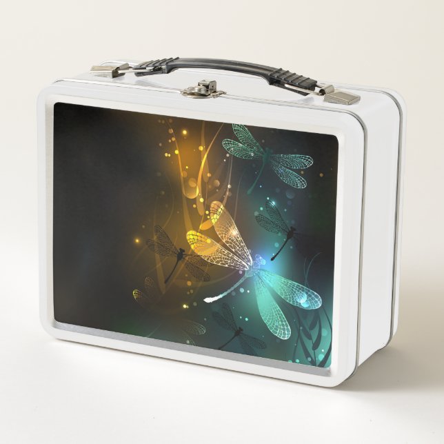 Green luminous dragonfly flight metal lunch box (Front)
