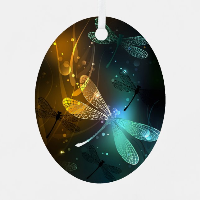 Green luminous dragonfly flight metal tree decoration (Front)