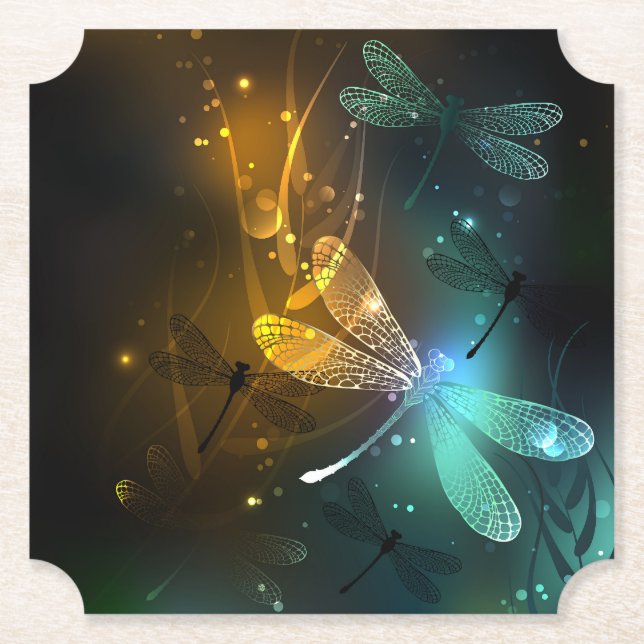 Green luminous dragonfly flight paper coaster (Front)