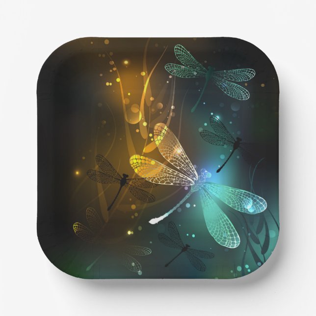 Green luminous dragonfly flight paper plate (Front)