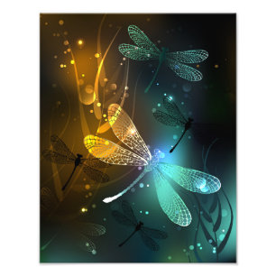 Green luminous dragonfly flight photo print