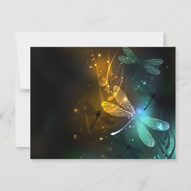 Green luminous dragonfly flight RSVP card (Front)