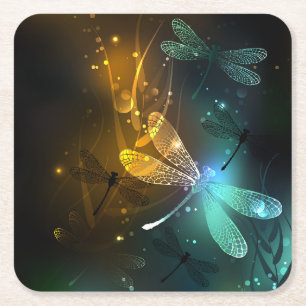 Green luminous dragonfly flight square paper coaster