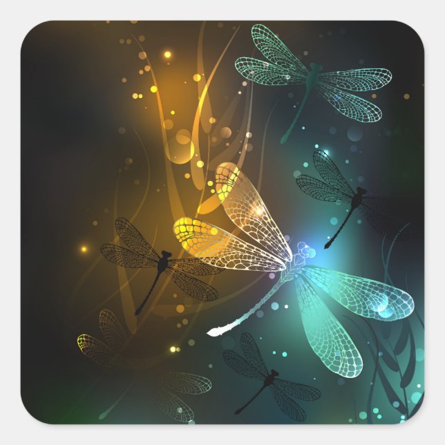 Green luminous dragonfly flight square sticker (Front)