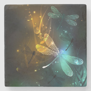 Green luminous dragonfly flight stone coaster