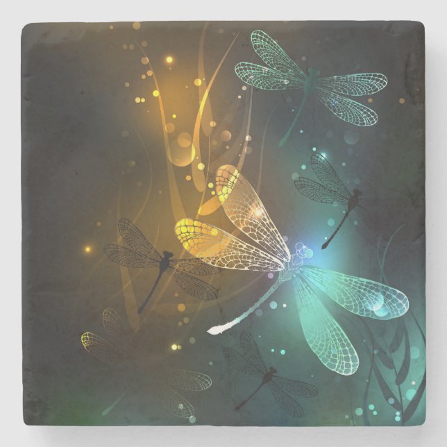 Green luminous dragonfly flight stone coaster (Front)