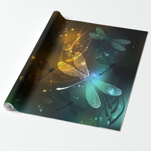 Green luminous dragonfly flight wrapping paper (Unrolled)