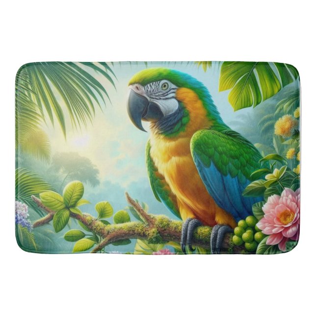 Green macaw tropical floral bath mat (Front)