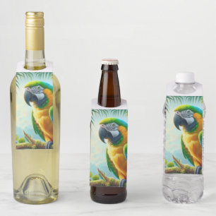 Green macaw tropical floral bottle tag