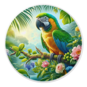 Green macaw tropical floral ceramic knob