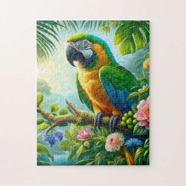 Green macaw tropical floral jigsaw puzzle (Vertical)