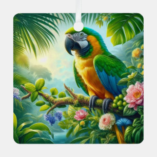 Green macaw tropical floral metal tree decoration