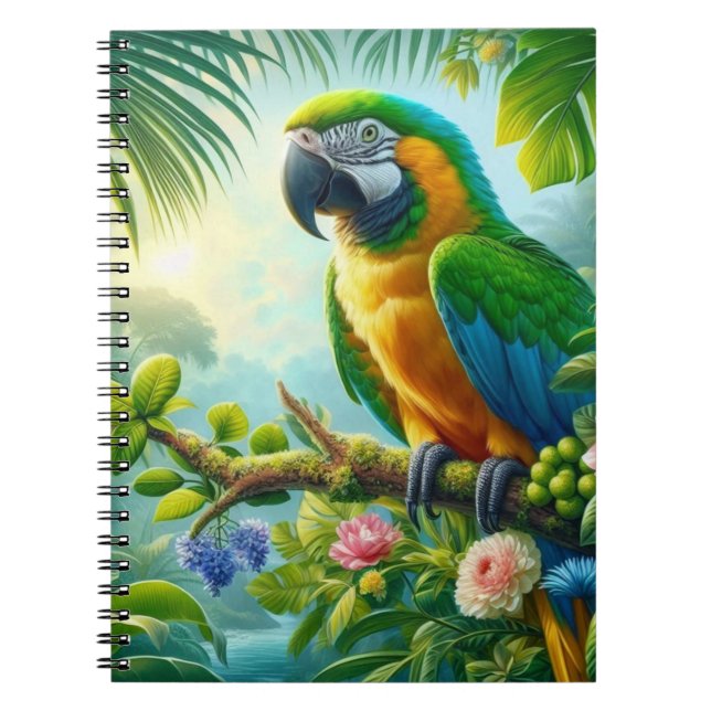 Green macaw tropical floral notebook (Front)