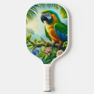 Green macaw tropical floral pickleball paddle