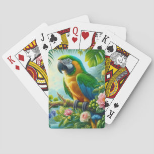 Green macaw tropical floral playing cards