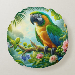 Green macaw tropical floral round cushion