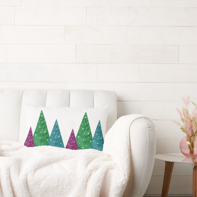 Green Magenta Teal Watercolor Trees Pattern Lumbar Cushion (Couch)