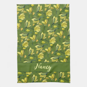 Green Magnolia Floral Personalized  Tea Towel