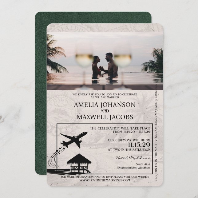Green Maldives Passport Wedding Invitation (Front/Back)