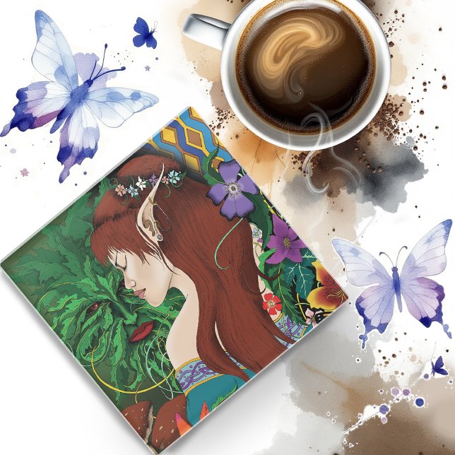 Green Man Elf Fantasy Floral Glass Coaster (Creator Uploaded)