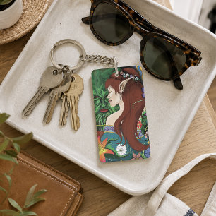 Green Man Elf Fantasy Floral Illustration Key Ring
