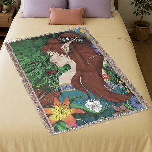 Green Man Elf Fantasy Floral Illustration Throw Blanket