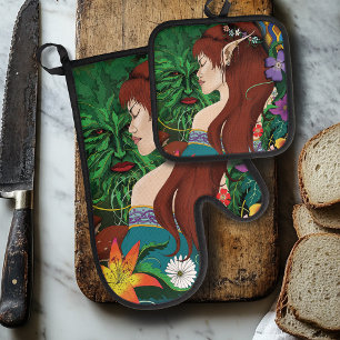 Green Man. Elf Fantasy Floral Oven Mitt & Pot Holder Set