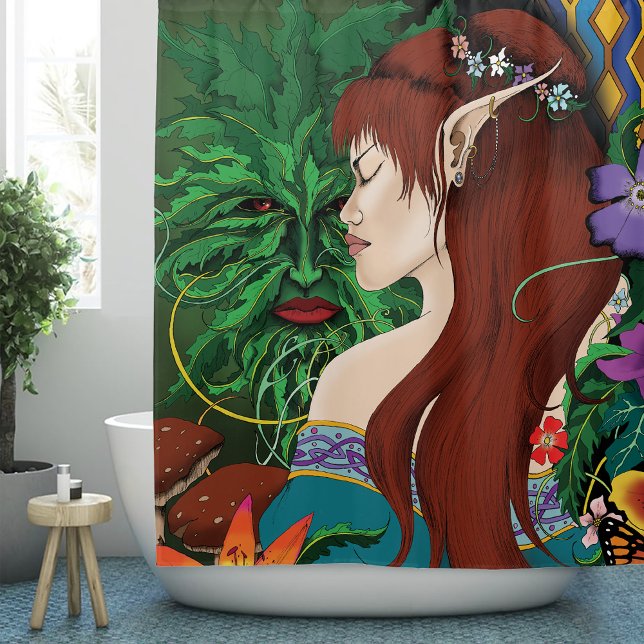 Green Man Elf Fantasy Floral Shower Curtain (Creator Uploaded)
