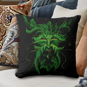 Green Man Fae Leaves Black Cushion