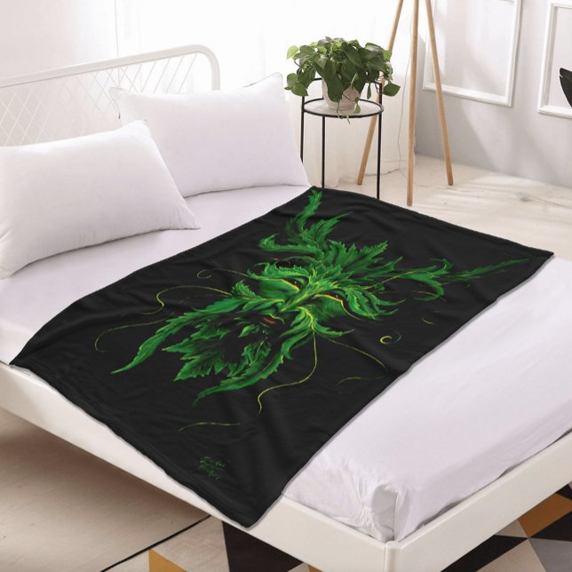 Green Man Fae Leaves Black Fleece Blanket (Creator Uploaded)