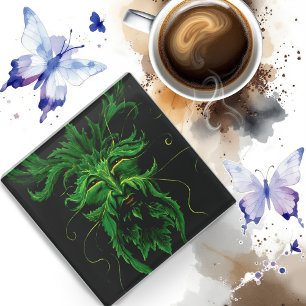 Green Man Fae Leaves Black Glass Coaster