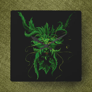 Green Man Fae Leaves Black Square Wall Clock