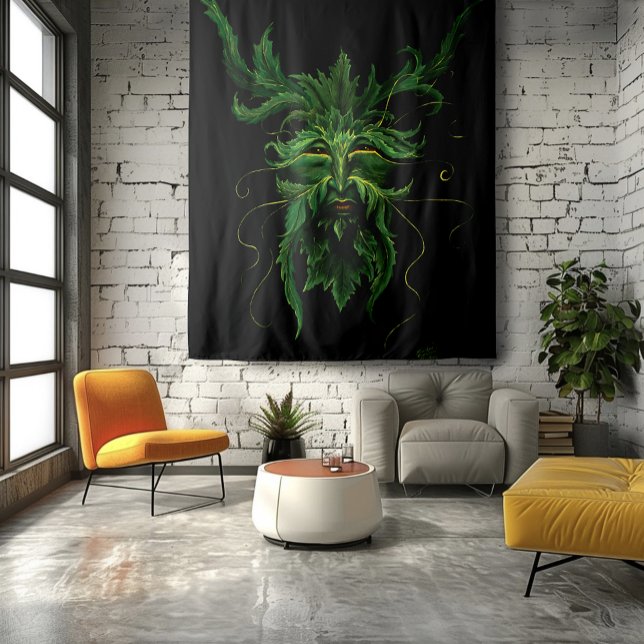 Green Man Fae Leaves Black Tapestry (Creator Uploaded)