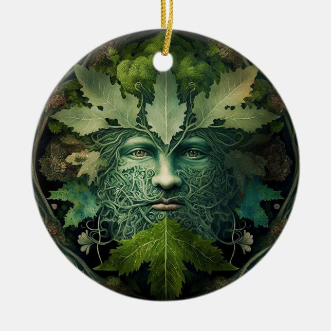 Green Man Mandala Fantasy Art Ceramic Tree Decoration (Front)