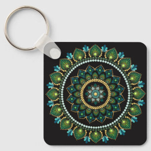 Green Mandala   Handpainted   Sacred Geometry Key Ring