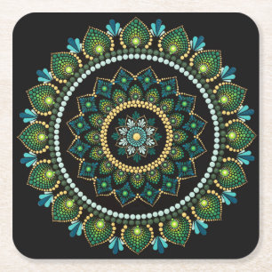 Green Mandala   Handpainted   Sacred Geometry Square Paper Coaster