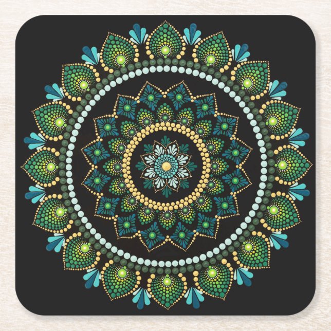 Green Mandala | Handpainted | Sacred Geometry Square Paper Coaster (Front)
