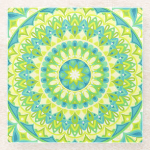 Green Mandala Nature Inspired Boho Vibrant Pattern Glass Coaster