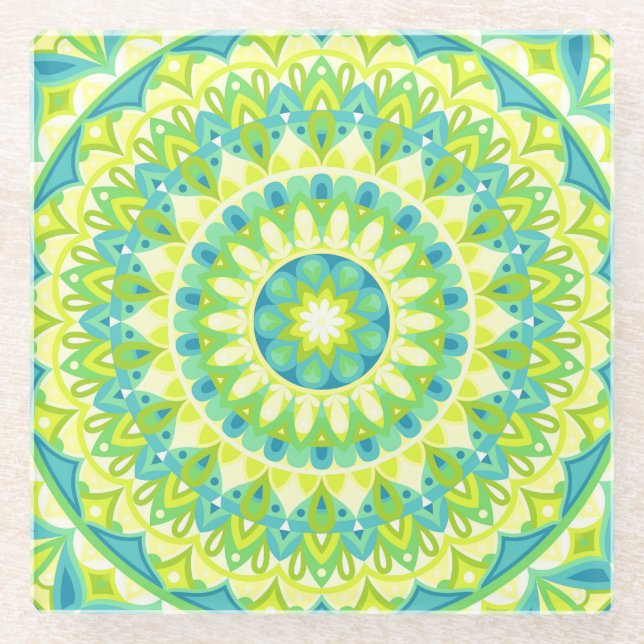 Green Mandala Nature Inspired Boho Vibrant Pattern Glass Coaster (Front)