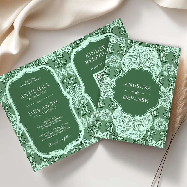 Green Mandala QR Code Indian Wedding Invitation (Creator Uploaded)
