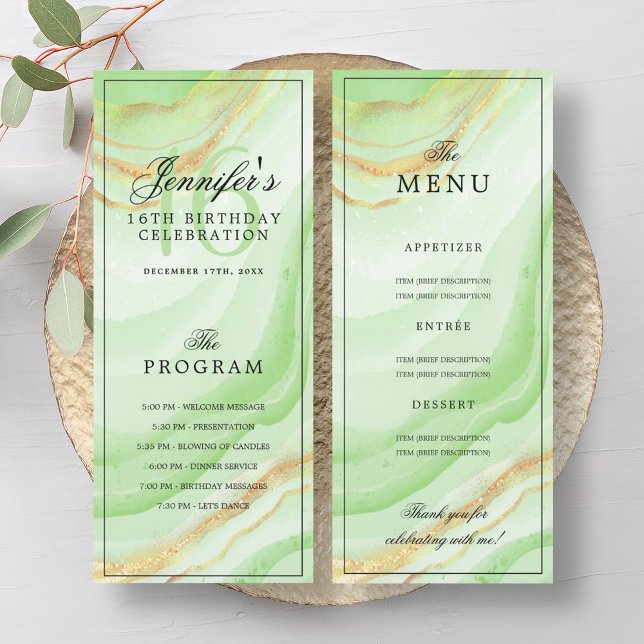 Green Marble 16th Birthday Program Menu  Invitation (Green Marble 16th Birthday Program Menu )