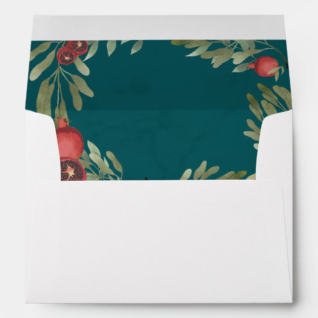 Green Marble Burgundy Pomegranate Wedding envelope (Back (Bottom))
