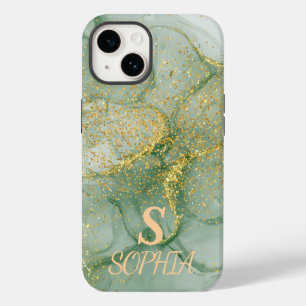 Green marble chic gold glitter monogram Case-Mate iPhone 14 case