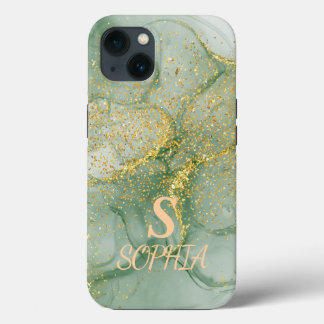 Green marble chic gold glitter monogram iPhone 13 case