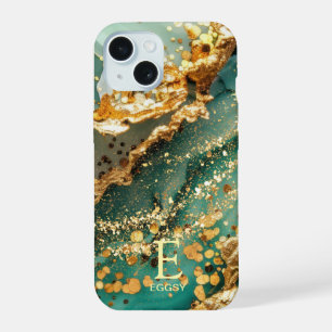 Green marble chic gold glitter monogram iPhone 15 case
